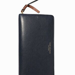 Tory Burch Navy Leather Zip-Around Wristlet with Brown Strap